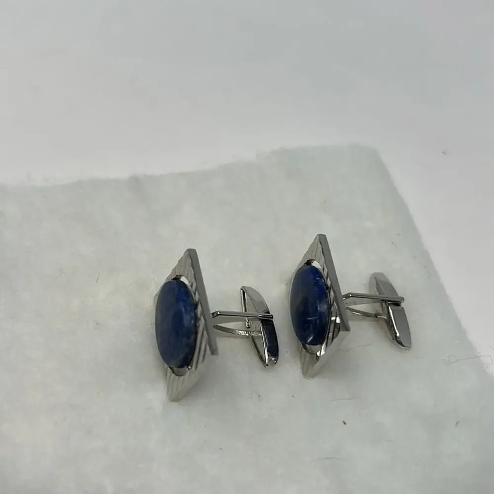 Lapis Blue Stone Set in a Silver Setting Men's Cuff Links